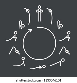 Sun Salutation yoga exercise, Surya Namaskara flow. Circle with yoga poses icons in very simple, minimal style.