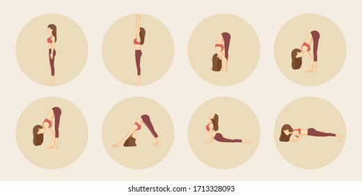 sun salutation Yoga pose - isolation in a cycle on beige background Cartoon vector yoga pose Surya Namaskara