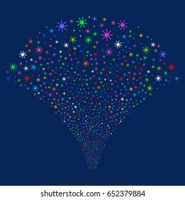 Sun salute stream. Vector illustration style is flat bright multicolored iconic symbols on a blue background. Object fireworks fountain created from random design elements.