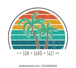 Sun, Sand, Salt, vintage Sunset and sunrise summer Vacation vector design with cauple of Palm tree. Beautiful summer background design collection for Sticker, Mug, T-Shirt and so on