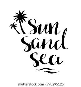 Sun, sand, sea logo. Palm trees, waves. Summer card. Black hand drawn isolated on white background. Handwritten font