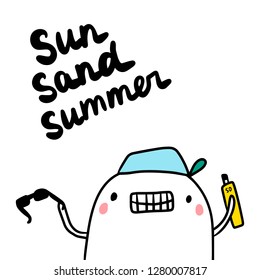 Sun sand summer hand drawn illustration with cute marshmallow holding sun glasses and sun cream