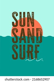 sun sand surf poster with sea and sun background and retro colors