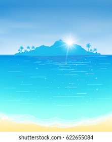 sun, sand, wave, turquoise and blue sea, little island with palms on horizon,  cartoon vector illustration