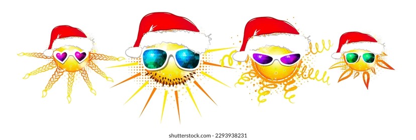 The sun in santa claus hats. Set of suns. Family look. T-shirt print. Vector illustration