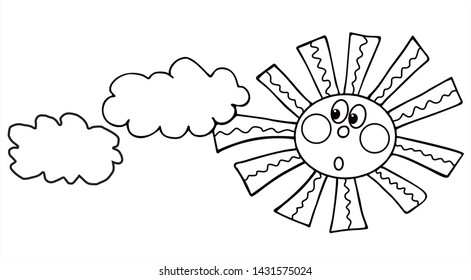 The sun is scared of the clouds. Black and white vector for coloring, for card or gift.