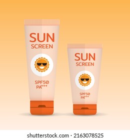 Botellas de pantalla solar spf 50 pa++ embalaje con caricatura de sonrisa solar.