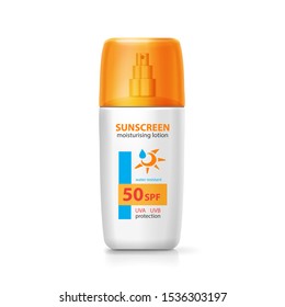 Sun screen container isolated. Sun cream spray bottle. Realistic sunblock lotion sprayer package. 