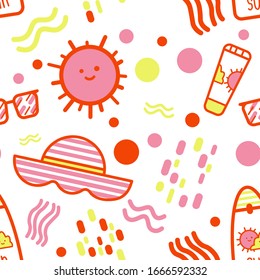 Sun screen fun hand drawn vector bright illustration seamless pattern isolated on white background with sunglasses, sun block cream and hat and absract figures in flat cartoon style trendy