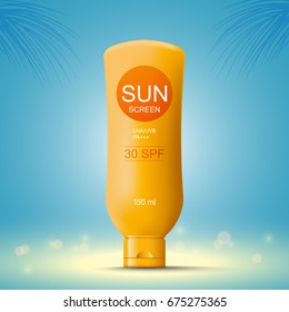 Sun screen lotion bottle template on blue background, vector illustration