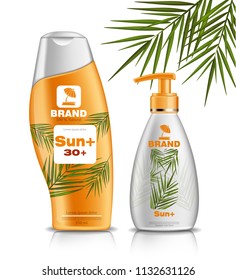 Sun screen and lotion UV protection Vector Realistic. Product packaging mock up set collection. 3d illustrations