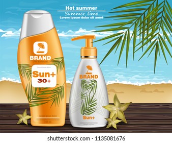 Sun screen and lotion UV protection Vector Realistic. Product packaging mock up set collection. Beach background. 3d illustrations