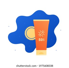 Sun screen protection cream concept. Vector flat illustration. Yellow and orange color bottle of suncream on blue sky background with sun. Design for cosmetic industry and dermatology.