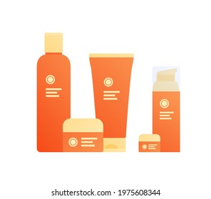 Sun screen protection cream concept. Vector flat illustration, Set of horizontal jar, tube and bottle of summer suncream. Yellow and orange color. Design for cosmetic industry and dermatology.