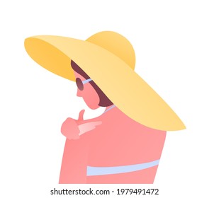 Sun screen protection cream concept. Vector flat people illustration. Tan female avatar in hat and swimsuit apply suncream to shoulder. Design for cosmetic industry and dermatology.