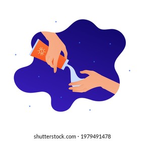 Sun screen protection cream concept. Vector flat people illustration. Human hand squeeze sunscreen cream from bottle on blue abstract background. Design for cosmetic industry and dermatology.