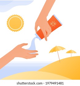 Sun screen protection cream concept. Vector flat people illustration. Human hand squeeze sunscreen cream. Beach with umbrella and sea on background. Design for cosmetic industry and dermatology.