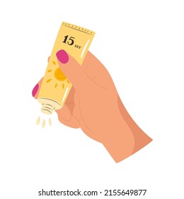 El concepto de crema protectora de pantalla solar. La mano hembra sostiene tubo abierto con protector solar y chilla crema. Atención y protección de la piel. Ilustración vectorial plana aislada en fondo blanco