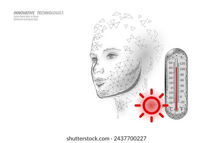 Sun screen skin care from heat UV. 3D low poly design cosmetics lotion radiation SPF cream woman face concept. Ads banner vector illustration