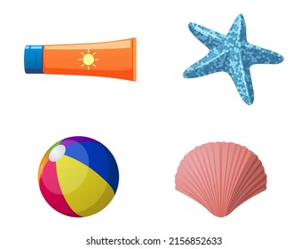 Sun Screen, Starfish, Beach Ball and Sea shell Isolated Illustrations Set