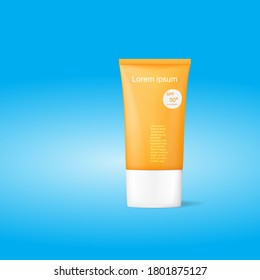 Sun screen tube mockup for cosmetics with cap.,  Front view., Vector illustration
