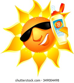 Sun Screen-Funky Sun holding a opened sunscreen lotion