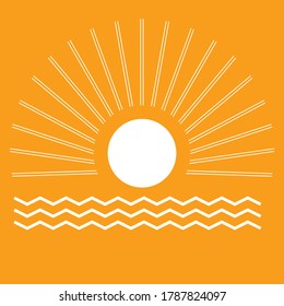 Sonne und Meer abstrakte minimalistische Sonnengrafik / Vektororange-weiße Sonnenstrahlen Einfache Kunst Sommerwetter / Sonnenuntergang Strandposter Schild / Sonnenuntergang / Ferienuntergang Morgenlicht