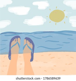 Sun sea and beach with feet in slippers. Leisure travel concept. Colourful vector illustration