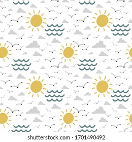mar de sol con gaviotas, vectorial sin fisuras, ilustración