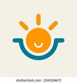 Sun and sea character, summer minimal logo. Happy smiling sun icon. Positive vector face, good morning