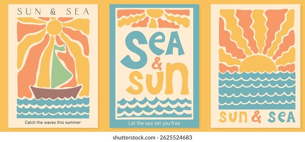 Sun and sea. Collection of groovy, hippie summer cards. Abstract retro posters in naive style. Seventies, groovy background. Hippie Aesthetic. Vector print	