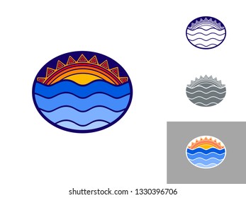 sun and sea, color logo (emblem) in ethnic decorative style and bright colors, vector eps 10 illustration
