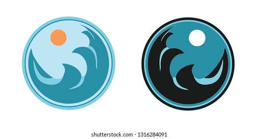 Sun and sea, day and night, stylization for logo, badges,stickers or various designs.