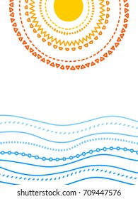 Sun and the sea doodle poster template, vector