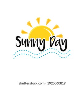 Sun, sea end text Sunny Day. Concept of summer holidays, symbol of Sunset or sunrise. Vector illustration isolated on white