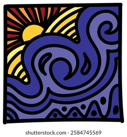 Sun and sea fighting doodle. Simple illustration. Hand drawn doodle for sticker, postcard, wallpaper, mural, fabric, prints, wall decor, clothing, etc