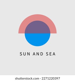 Sun and sea geometric minimal logo. Minimalistic simple round logotype, travel agency sign. Sun and ocean symbol