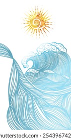 Sun and sea graphics. Hand drawing. Not AI, Vector illustration