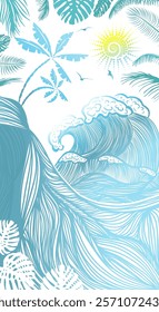 Sun and sea graphics. Hand drawing. Not AI, Vector illustration