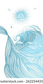 Fondo de Vertical de gráficos de sol y mar. Dibujo a mano. No IA, Ilustración vectorial
