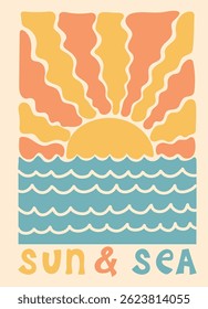 Sun and sea. Groovy, hippie summer card. Abstract retro poster in naive style. Seventies, groovy background. Hippie Aesthetic. Vector print