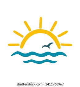 Sun, sea, gull. Vector color icon, logo for the theme of travel and tourism