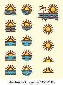 Sun and sea icon logo sunset sunrise thick lines set pack vector color
