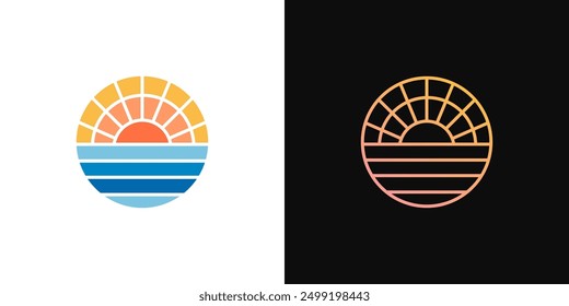 Sun sea icon logo vector. Sunset beach travel outline logo