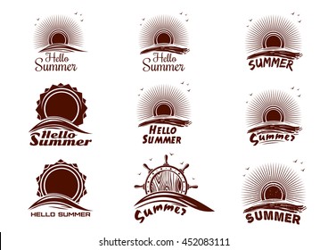 Sun and sea icons set. Icon collection for summer theme. Sun, sea wave, ocean, seagulls, ship's wheel. Vector illustration