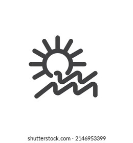 Icono de sol y línea de mar. signo de estilo lineal para concepto móvil y diseño web. Icono vectorial de las ondas y el contorno de sol. Símbolo de verano, ilustración del logotipo. Gráficos vectoriales