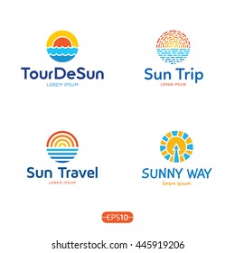 Sun And Sea logo design template set. Vector colorful sign logotypes for travel agency. Cruise summer circle icons with blue ocean