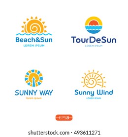 Sun And Sea logo design template set. Vector colorful sign logotypes for travel agency. Cruise summer circle icons with blue ocean