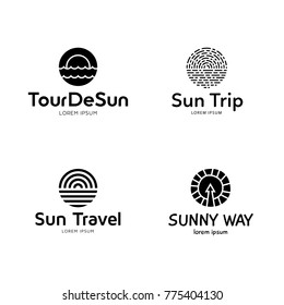 Sun And Sea logo design template set. Cruise summer circle icons with ocean. Vector sign logotype illustration for travel agency. Nature holiday tourism background