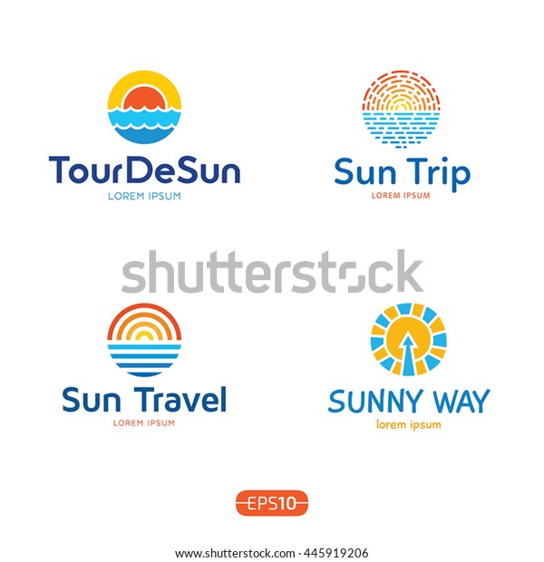 Sun And Sea logo design template set. Vector\
colorful sign logotypes for travel agency. Cruise summer circle\
icons with blue ocean